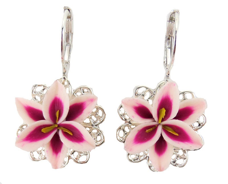 Pink Lily Drop Earrings Stargazer Lily Dangle Earrings Pink Stargazer Lily Jewelry Pink Flower Earrings Sculpted Flower Earrings