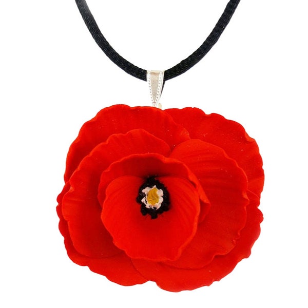 Large Red Poppy Black Cord Choker Necklace | Poppy Jewelry | Vibrant Red Large Flower Choker | August Birth Flower Gifts