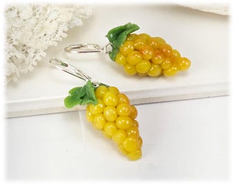 Yellow Green Grapes Earrings: Hand Sculpted Clay Fruit Jewelry