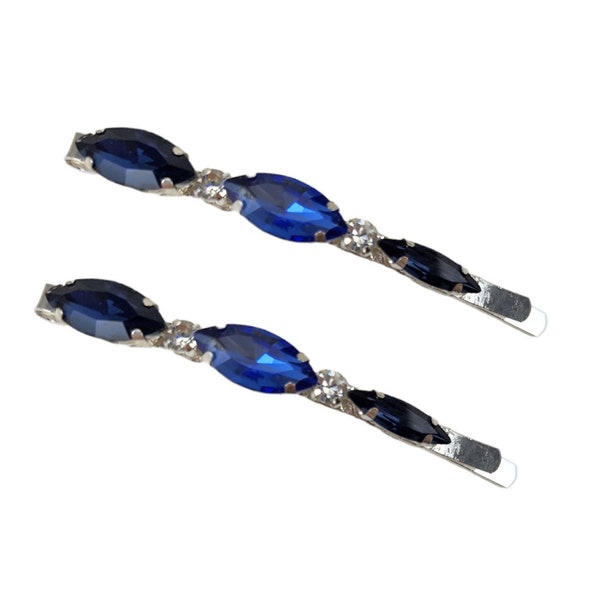 Wide Blue Rhinestone Hair Pins | Blue Side Bobby Pins | Two Color Blue Hair Accessories