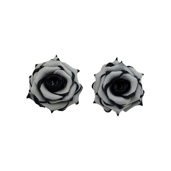 Black Tip Gray Rose Earrings Stud or Clip On | Variegated Rose Jewelry | Two Color Rose Studs | Hypoallergenic Flower Stud Earrings