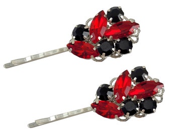 Gothic Red Black Large Rhinestone Hair Pins | Goth Style Hair Accessories | Goth Retro Black Red Bobby Pins