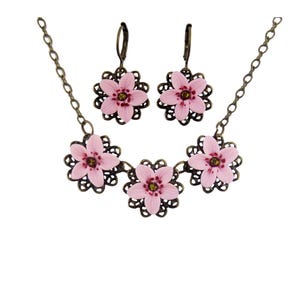 Cherry Blossom Jewelry Set: Pink Flower Necklace & Earrings image 1