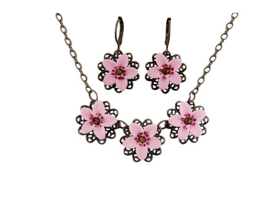 Cherry Blossom Jewelry Set: Pink Flower Necklace & Earrings