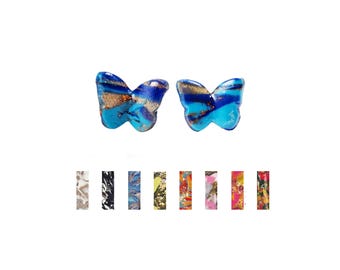 Marbled Small Butterfly Stud Earrings: 36 Colors, Polymer Clay, Titanium, Multicolor
