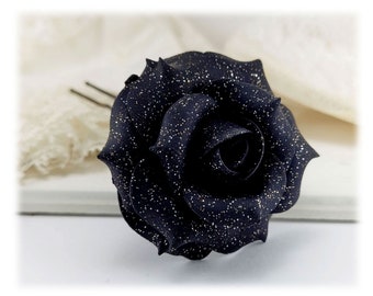 Black Glitter Rose Hair Clip Pin | Black Glitter Hair Flower | Black Glitter Floral Hair Pin | Black Glitter Hair Accessory | 4cm (1.5 inch)