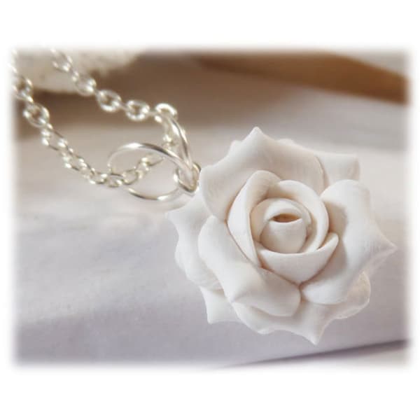 Small White Rose Pendant Necklace | White Rose Jewelry | White Flower Necklace | Bridal Rose Jewelry