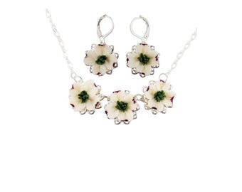 Dogwood Jewelry Set: Necklace & Earrings Silver Gold or Antique Brass