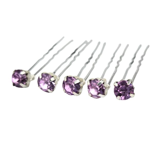 Light Purple Rhinestone Hair Pins 7mm (5) | Light Purple Wedding Hair Accessories | Lilac Purple Bridal Bridesmaid Jewel Bobby Pins