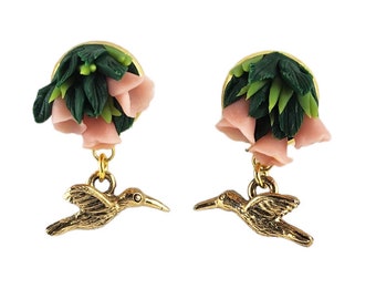 Hummingbird Flower Earrings | Hummingbird Jewelry | Cottagecore Bird and Flower Earrings | Unique Hummingbird Nature Jewelry Gift Idea