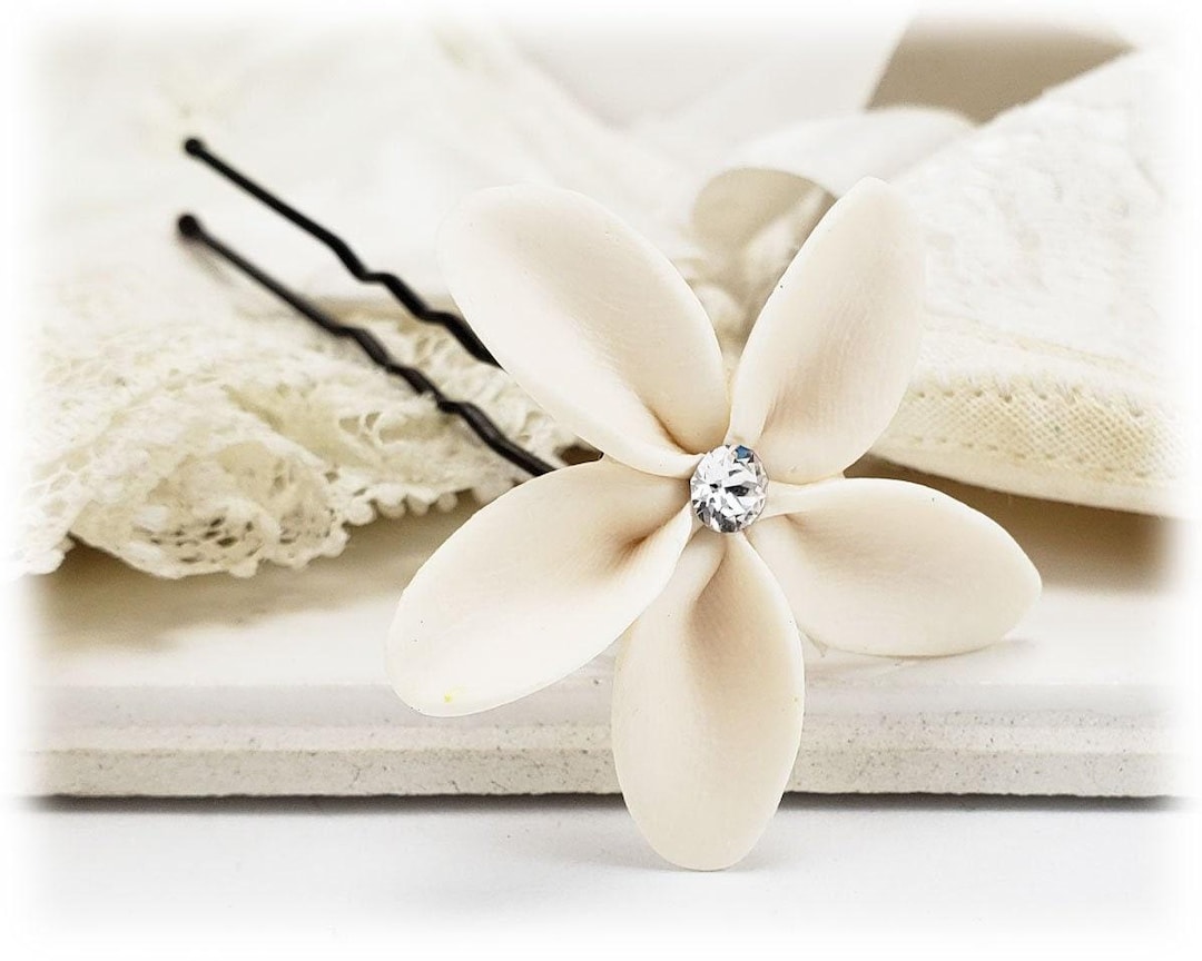 White Plumeria Hair Pin Clip: Crystal Rhinestone Bridal  display picture 3