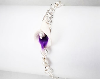 Calla Lily Pearl Bracelet: Bridal Vintage Style Filigree Clasp, Adjustable