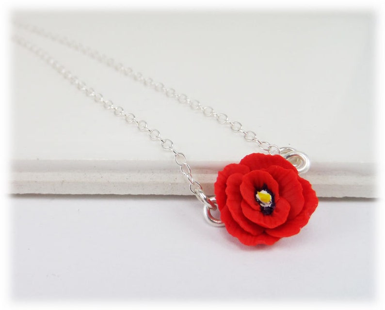 Red Poppy Tiny Flower Necklace Poppy Jewelry Simple Minimalist Petite Poppy Necklace August Birth Flower Gift Petite Poppy Necklace image 1