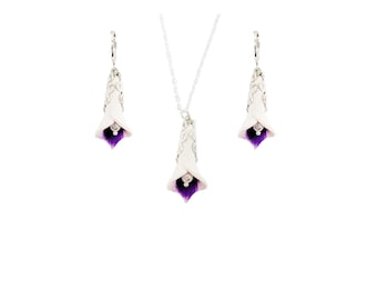 Purple Picasso Calla Lily Jewelry Set: Silver Necklace & Earrings