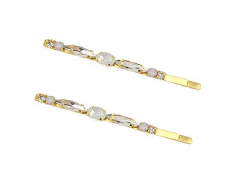 White Opal Gold Wedding Hair Pins | Minimalist Opal Bridal Bobby Pins | White Opal Elegant Bridal Pins Winter Wedding Hair Accessory