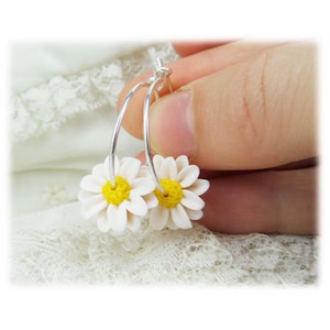 Handmade Daisy Hoop Earrings: Sterling Silver or Gold Filled, April Birth Flower