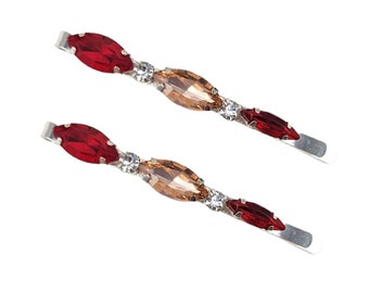 Wide Red Rhinestone Hair Pins | Red Side Bobby Pins | Two Color Red Hair Accessories