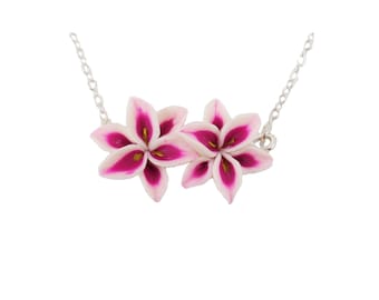 Two Pink Stargazer Lily Necklace: Silver Gold Options, Hand Sculpted Flowers