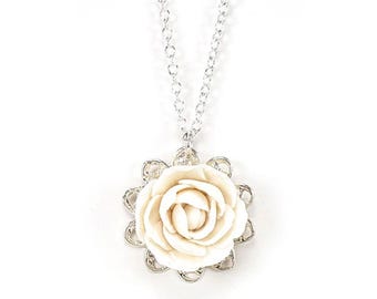 Peony Charm Necklace: Filigree Flower Pendant, Vintage Style