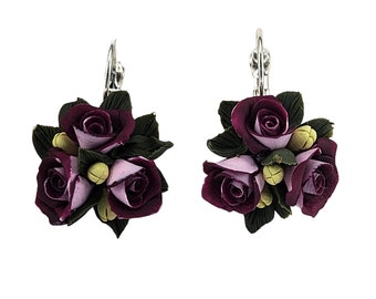 Elegant Purple Pink Rose Bouquet Earrings | Purple Rose Cottagecore Flower Jewelry | Unique Purple Roses Gift for Mom