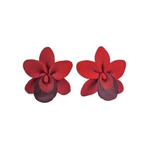 Red Orchid Earrings Stud or Clip On | Orchid Jewelry | Tropical Red Flower Studs | Hypoallergenic Flower Stud Earrings