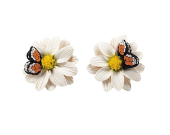 Daisy Earrings with Monarch Butterfly: Cottagecore , Hand Sculpted Flowers, Hypoallergenic Options