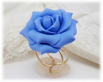 Blue Rose Ring | Blue Rose Jewelry | Blue Flower Ring - Adjustable Base Silver or Gold