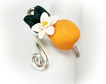 Orange Blossom Sterling Silver Wrap Ring | Citrus Orange Jewelry | Orange Fruit Accessory | Unique Fruit Jewelry Gift for Her | Food Jewelry
