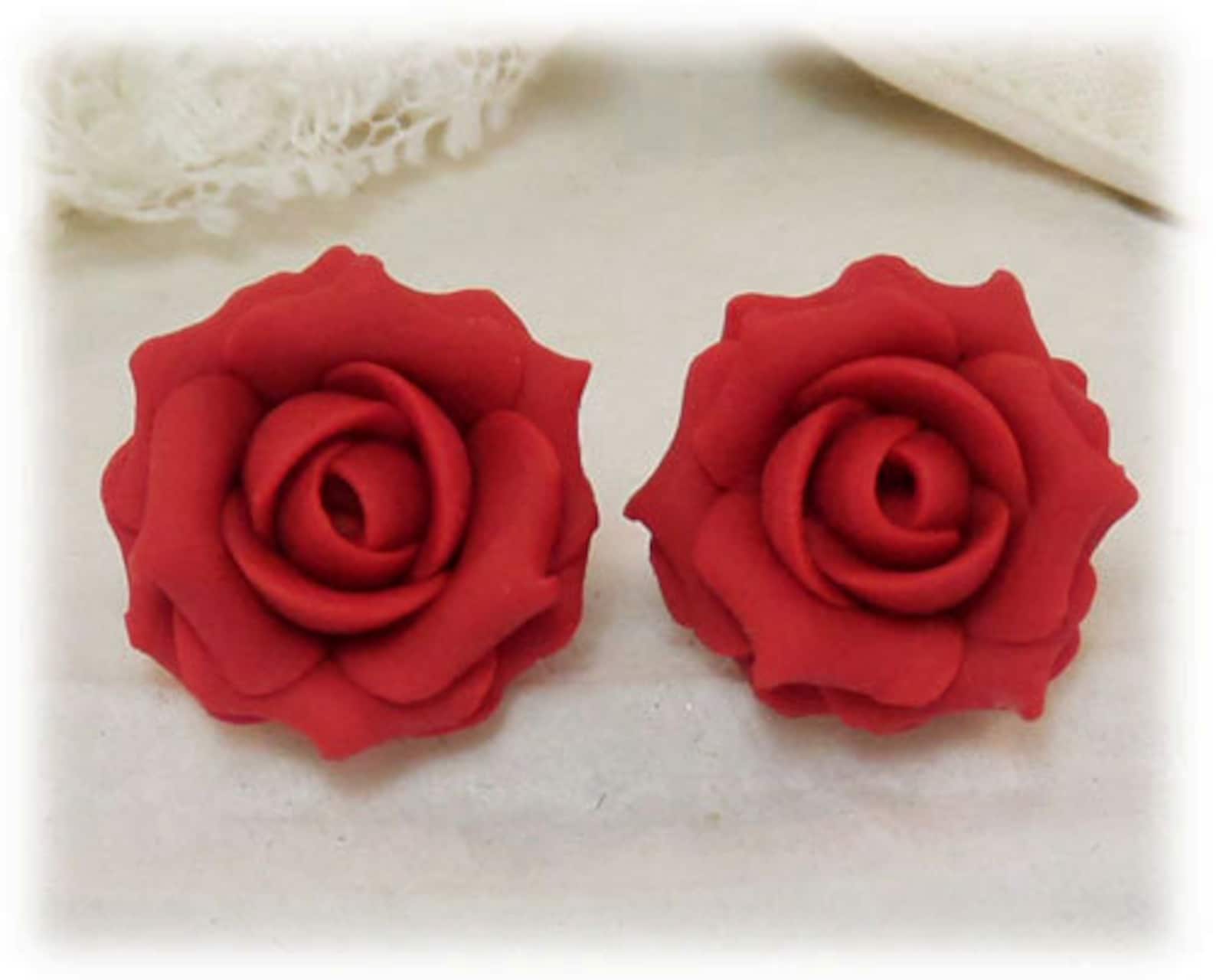 Red Rose Earrings Stud or Clip on Red Rose Jewelry Red Etsy