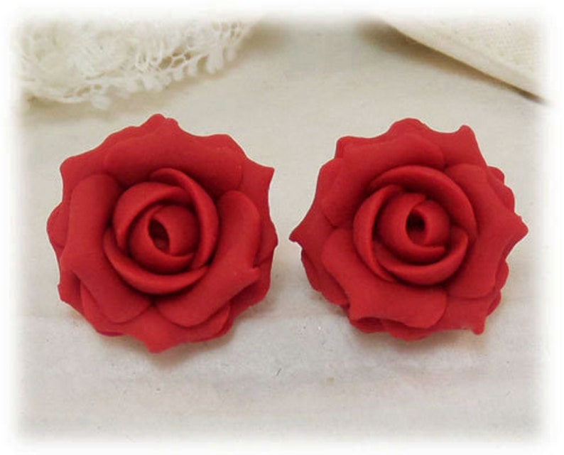 Red Rose Earrings Stud or Clip on Red Rose Jewelry Red Etsy
