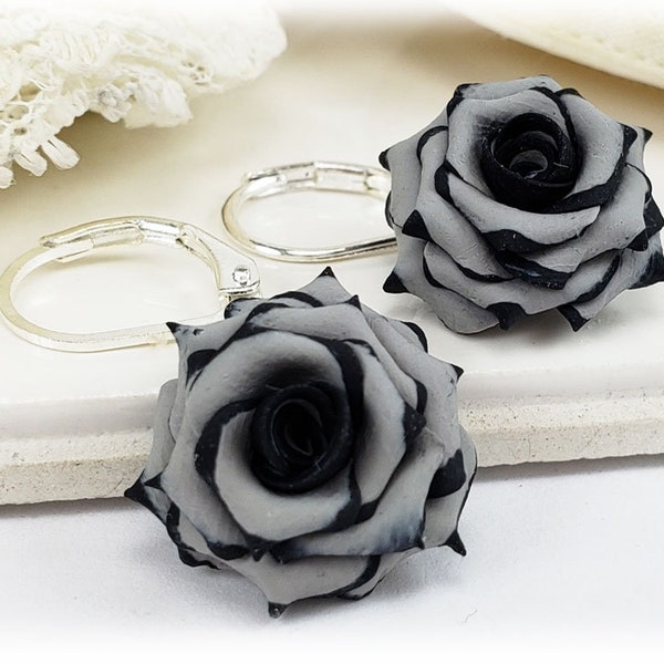 Black Tip Gray Rose Petal Earrings | Variegated Rose Jewelry | Two Color Rose Earrings | Variegated Tipped Rose Petals Jewelry