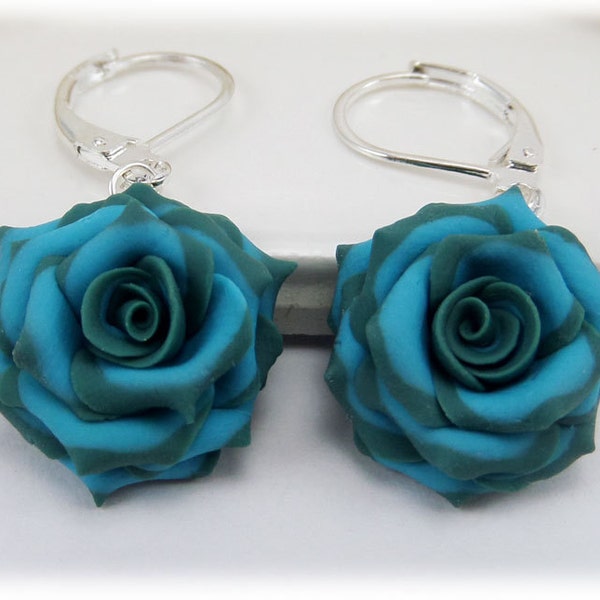 Teal Tip Turquoise Rose Petal Earrings | Green Turquoise Floral Jewelry | Variegated Tipped Rose Petals Jewelry