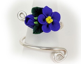 Purple African Violet Bouquet Ring: Silver or Gold Tone Options, Adjustable, Hand Sculpted