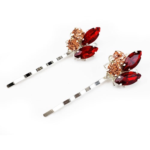 Épingles à cheveux strass rouge pêche : épingles à cheveux style vintage (lot de 2)