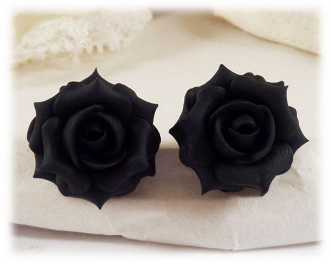 Black Rose Earrings Stud or Clip on Black Rose Jewelry Black Flower