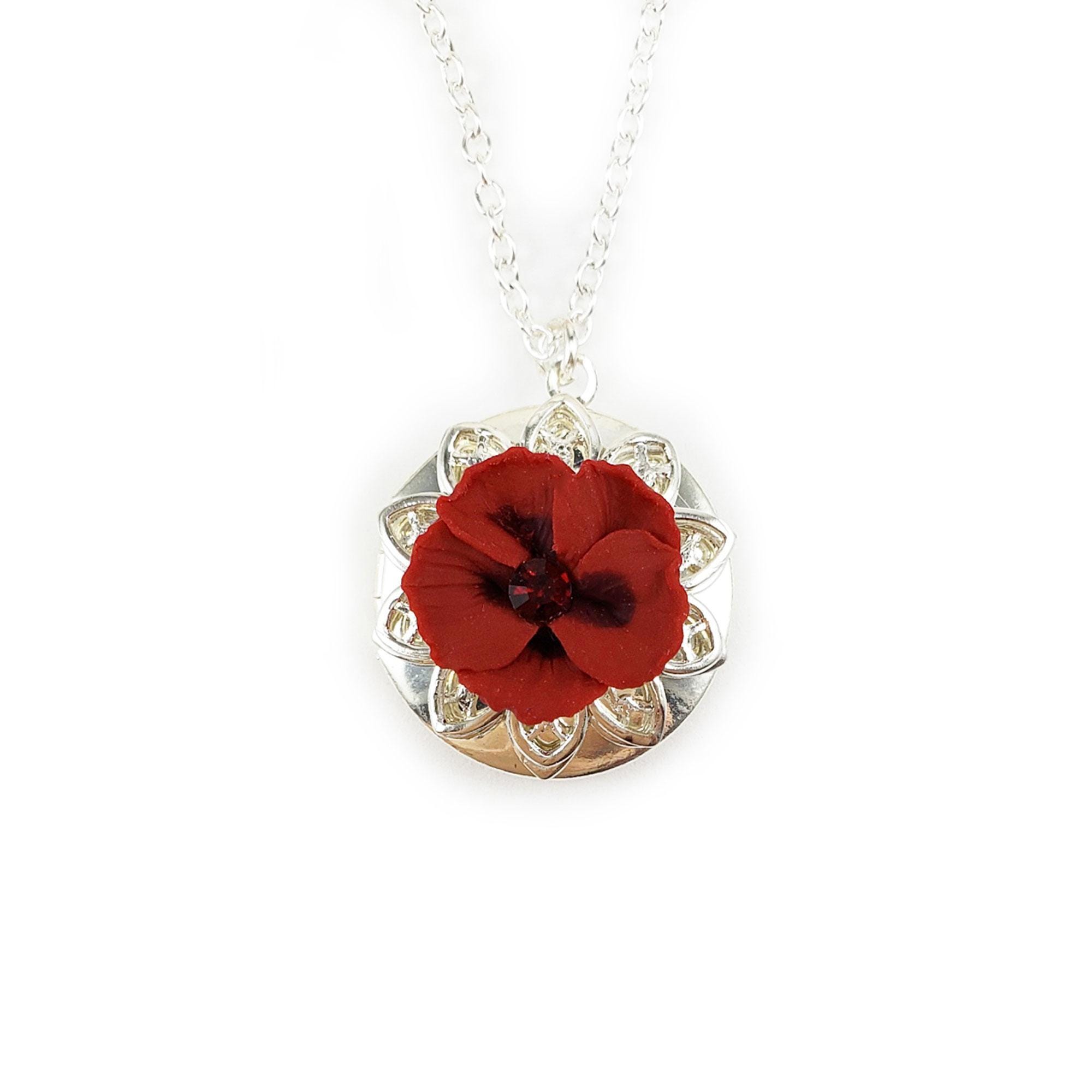 Hand Sculpted Hibiscus Locket: Silver Tone, Tropical Flower Necklace