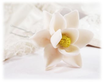 Magnolia Hair Pin: White Clay Flower, Bridal Hair Accessory