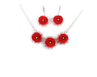 Red Poppy Jewelry Set: Vintage Style Necklace and Earrings, August Birth Flower