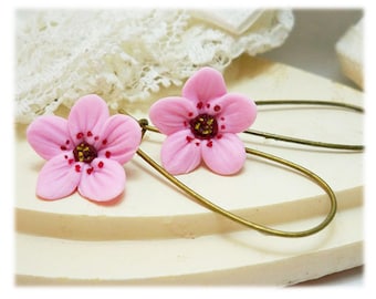 Cherry Blossom Dangle Earrings: Pink Hand Sculpted Polymer Clay Flower Jewelry