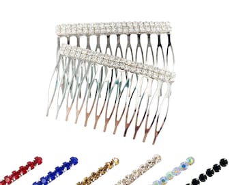 Thin Silver Rhinestone Hair Combs | Minimal Style 2 Row Rhinsetone Hair Comb Set | Simple Bridal Medium Size Crystal Hair Combs