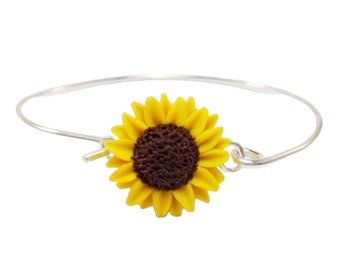 Sunflower Sterling Silver Bangle Bracelet | Sunflower Jewelry | Yellow Flower Silver Bracelet | Sunflower Accessory Gift