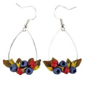 Blueberry Dangle Hoop Earrings | Vintage Style Berry Dangle Earrings | Fruit Jewelry | Blueberry Earrings  | Clay Flower Earrings Jewelry