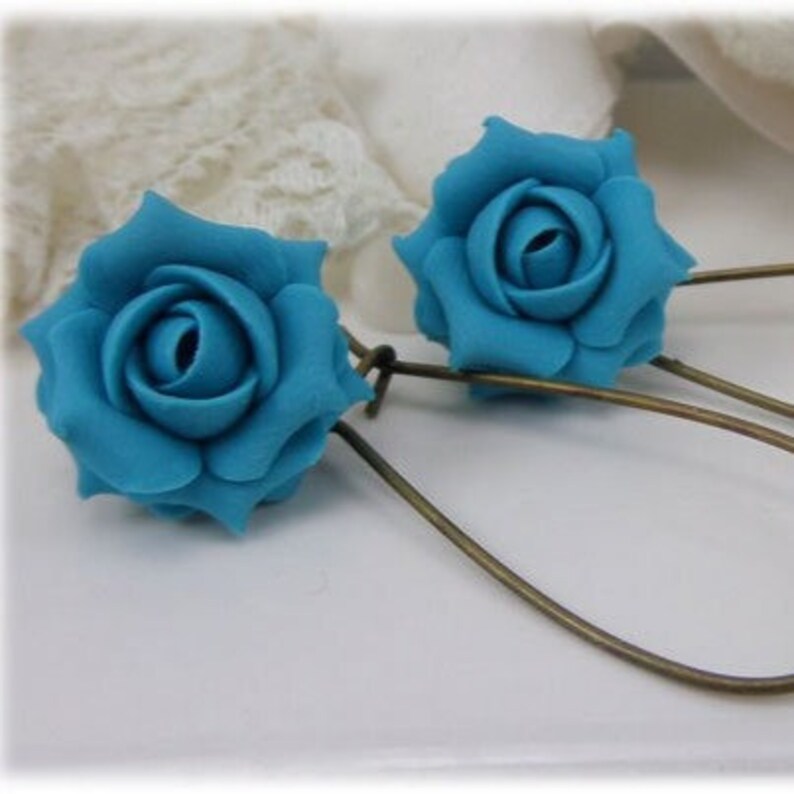 Turquoise Rose Dangle Earrings Turquoise Rose Jewelry Turquoise Flower Earrings Turquoise Floral Bridesmaid Gift Earrings For Her image 3