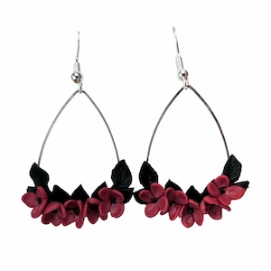 Red Hydrangea Dangle Hoop Earrings: Gothic Floral Sterling Silver Hooks