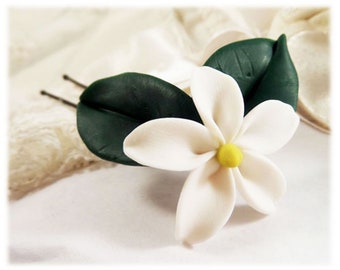 Realistic Jasmine Flower Leaf Hair Pin | White Jasmine Jewelry