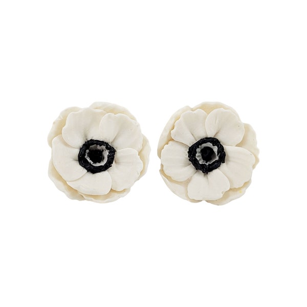 White Anemone Flower Earrings Stud or Clip On | Anemone Jewelry | Black White Flower Studs | White Anemone Bridal Studs | Hypoallergenic