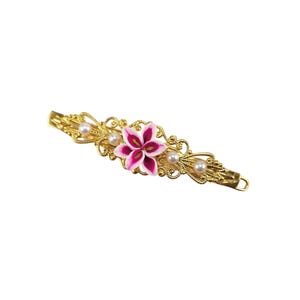 Vintage Style Pink Lily Barrette: Gold Filigree Hair Clip