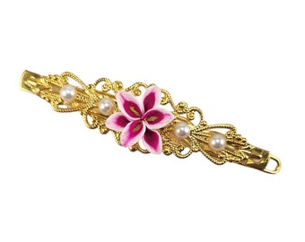 Vintage Style Pink Lily Filigree Barrette | Pink Stargazer Lily Hair Accessory | Bridal Pink Lily Clip Barrette for Fine Hair