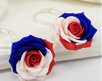 Red White and Blue Rose Dangle Earrings | July 4 Jewelry | USA Colors Earrings | Independence Day Earrings