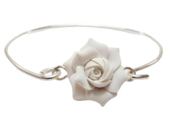 Gardenia Sterling Silver Bangle Bracelet | Gardenia Jewelry | White Flower Wedding Silver Bracelet | Gardenia Accessory Gift